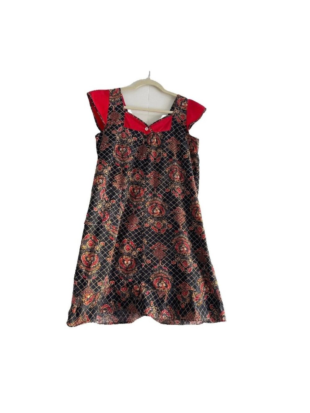 Vintage 70s Cotton Sundress: Red, Navy, Gold Bohemian Dress (Size M/L)